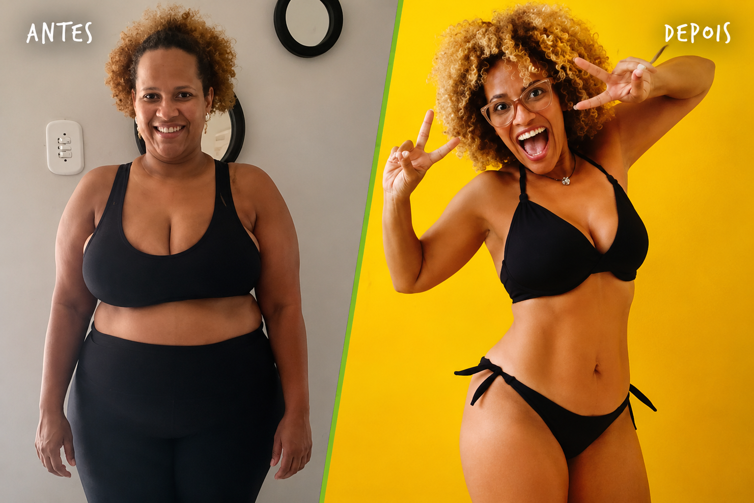 Antes e depois de participante com cabelo cacheado