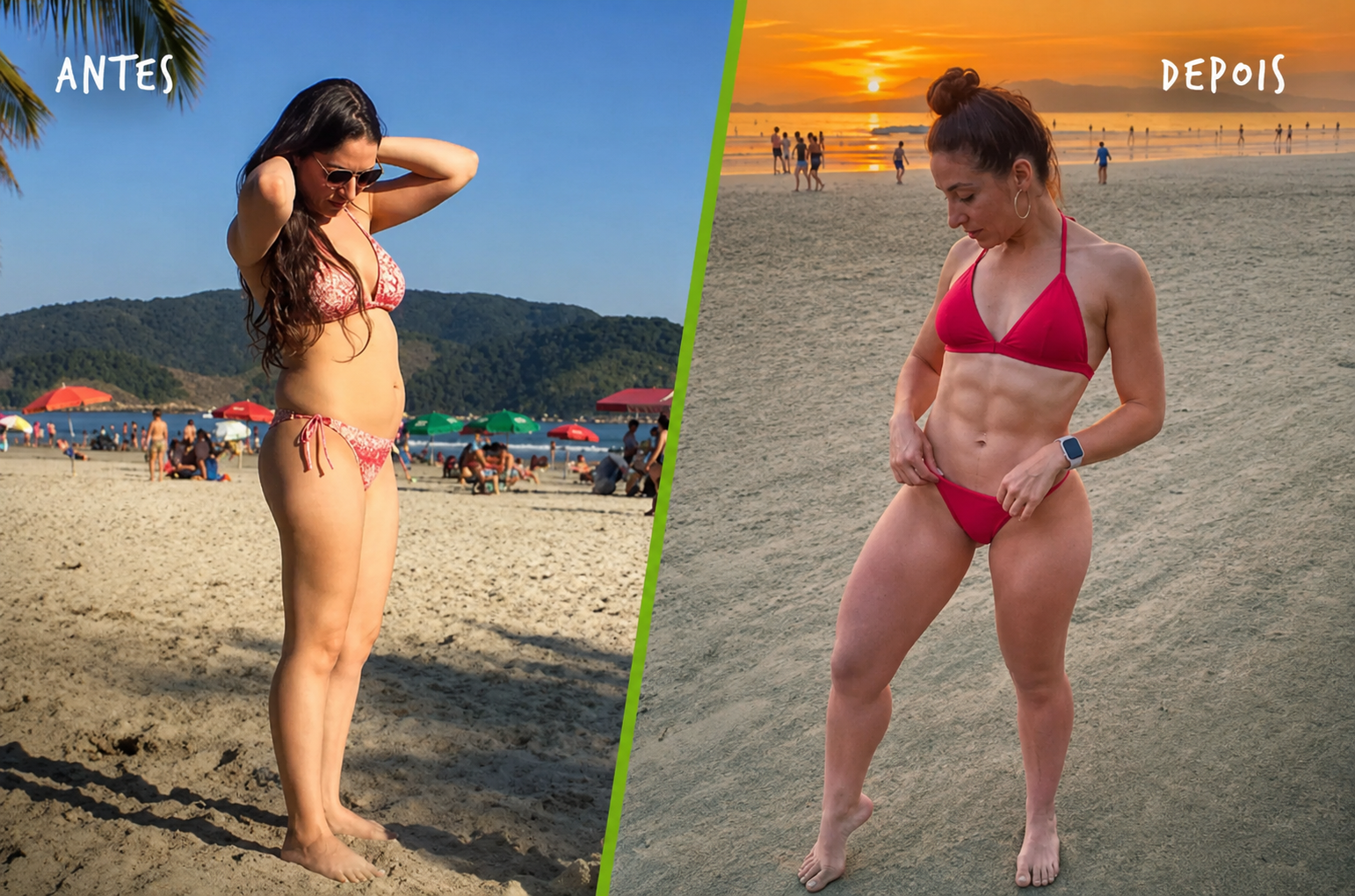 Antes e depois de participante na praia