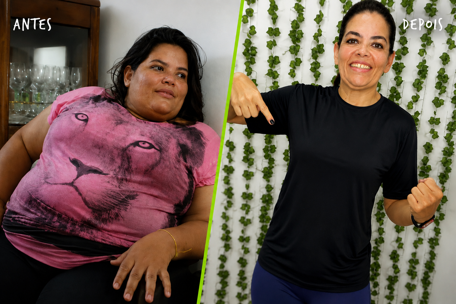 Antes e depois de participante com camiseta preta