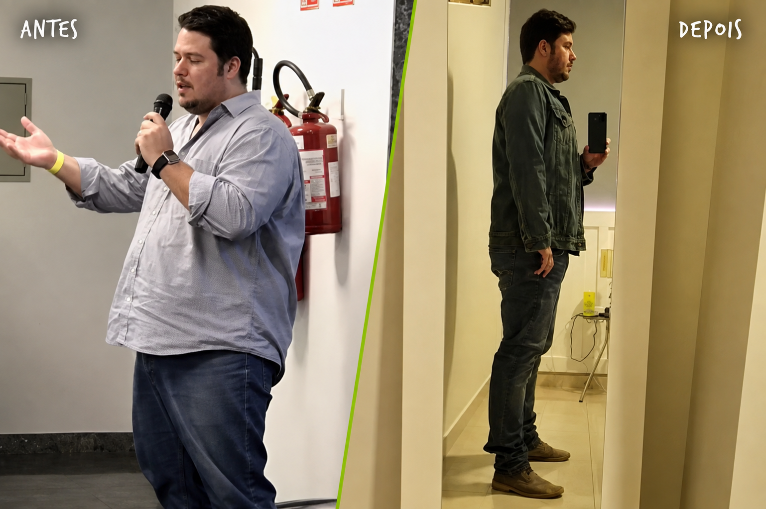 Antes e depois de participante de perfil, jaqueta jeans