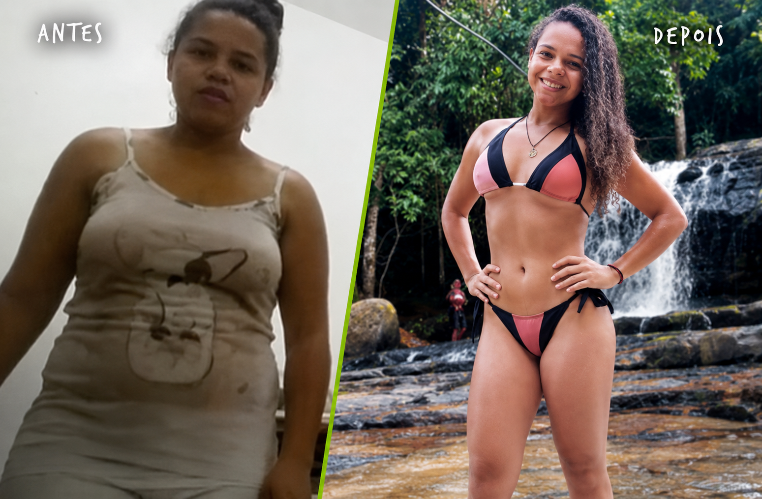 Antes e depois de participante em cachoeira